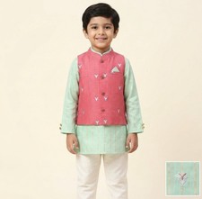 MIZA & Co. Boys 3pc Cotton Embroidered Kurta Set 6month - 1year Pink/Green/White