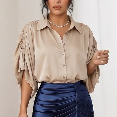 Ramy Brook Button Down Blouse Womens Small Beige Ruched Sleeve Tie Satin Top