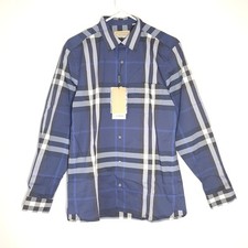 Burberry Men's Classic Plaid Long Sleeve Shirt Stretch Navy Blue Sz M NWT