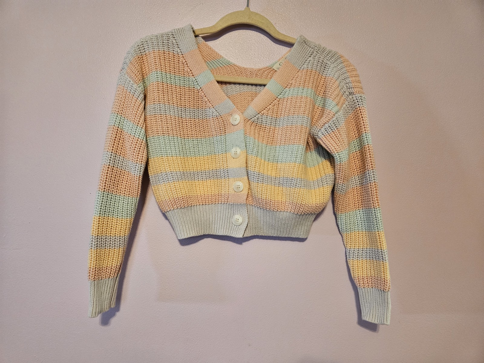 Jessica Simpson Retro Pastel Rainbow Crop Top Button Sweater Boho XSmall