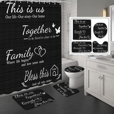 4Pcs Family Shower Curtain Sets with Non-Slip Rugs Toilet Lid Cover and Bath Mat