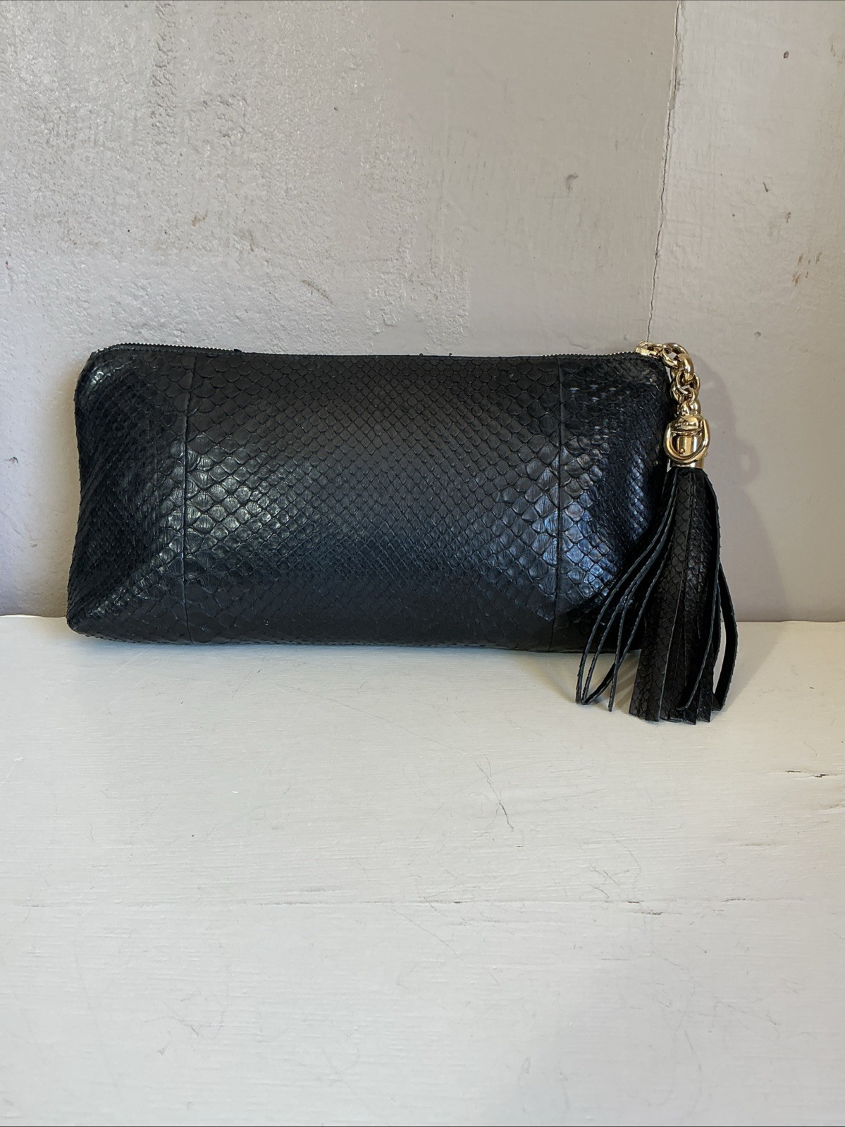 Gucci Sienna Tassel Clutch Black Python Leather Bag Gold Tone Zip 2013 MSRP $960 image 2