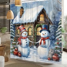 Christmas Snowman Shower Curtain Winter Snow Pine Tree Farmhouse Bathroom Cur...