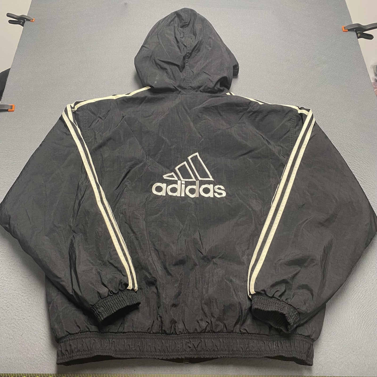 VTG Adidas Jacket Mens XL Black Hooded Full Zip Insulated 3 Stripe Team 90s