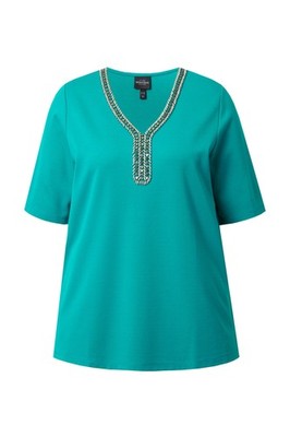 Ulla Popken Damen große Größen T Shirt geschmückter Ausschnitt A Linie