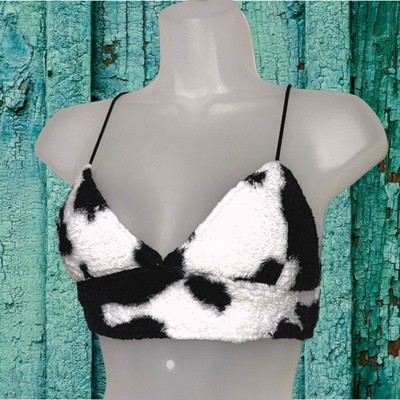 New Small Fuzzy Cow Print Backless Lace Up Crop Top Vegan Furry Y2k Retro