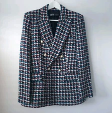 Zara Classic Textured Double Breasted Blazer Jacket Pearl Buttons Medium 10 12 