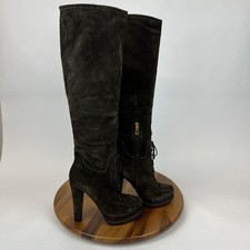 Womens Prada Brown Suede Lace Up Block Heel Platform Tall Boots Size EU 38.5