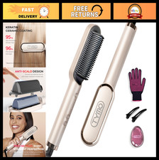 Hair Straightener Brush Comb - Fast Heating, 5 Temp Settings, Dual Voltage, Gold