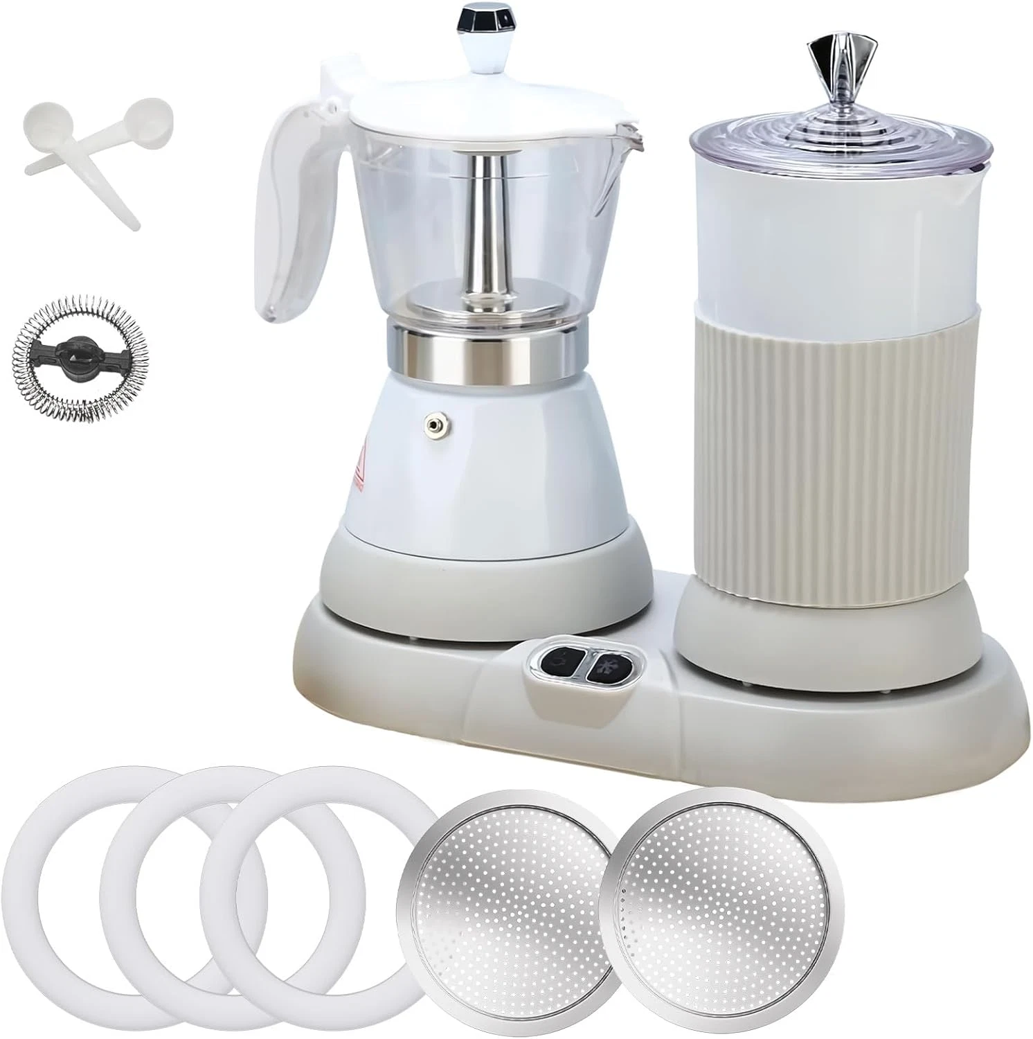 2-in-1 Espresso Maker with Milk Frother & Accessories - White Electric Moka Pot
