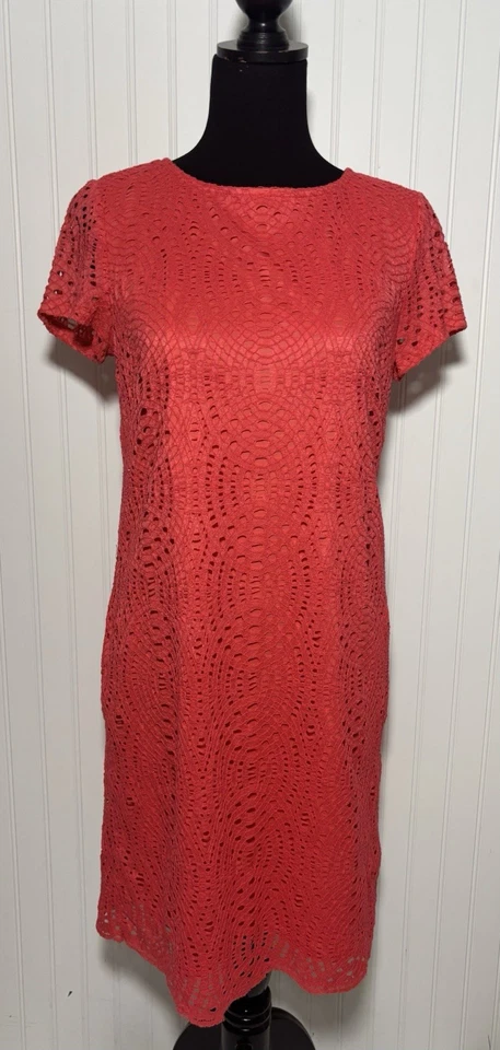 Chico’s 0.5 Coral Crochet Lace Sheath Dress Womens Size Small Lined Zipper Boho - Imagem 2 de 4