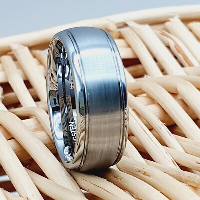 Unique Silver Tungsten Wedding Band 8mm Polished Brushed Finish Anniversary Ring