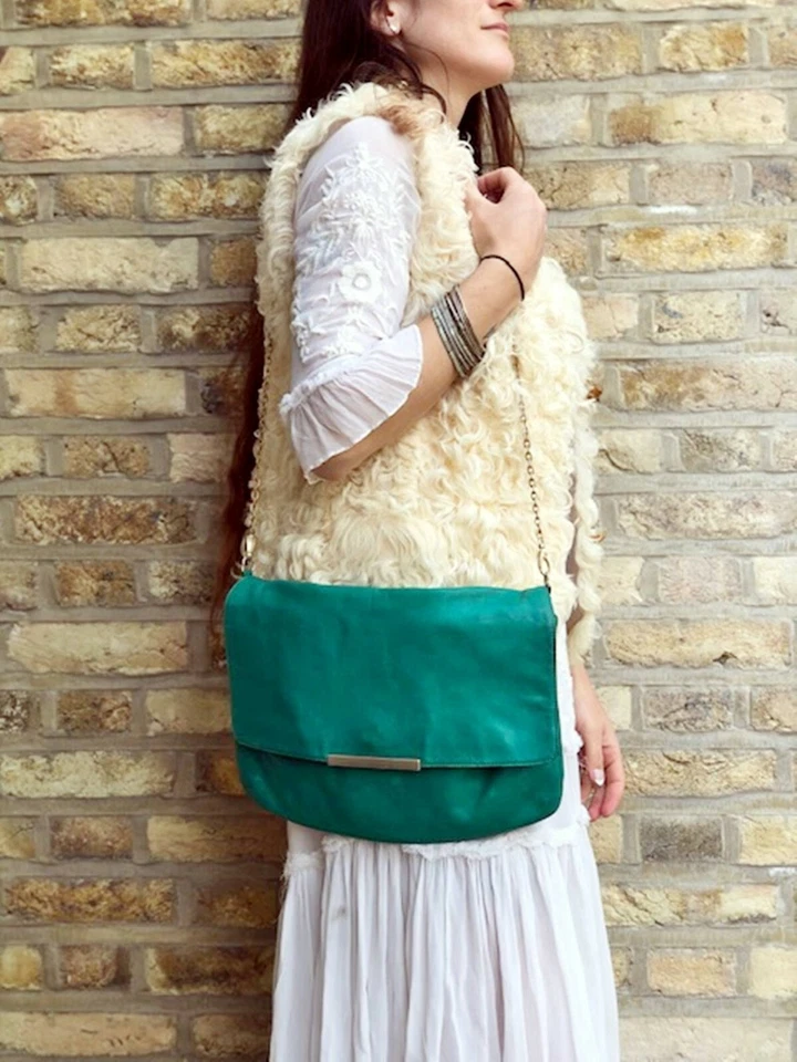 Large ZARA LEATHER BAG HIPPIE GREEN Boho Purse Gold Chain Punk Steampunk big - Image 2 of 4