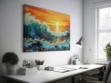 Vibrant Ocean Waves with The Setting Sun Wall Art Canvas Unframed Print Art