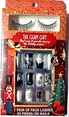 1 PAIR SILVER FAUX GLITTER LASHES 24 WINTER THEMED PRESS ON NAILS THE GLAM GIFT