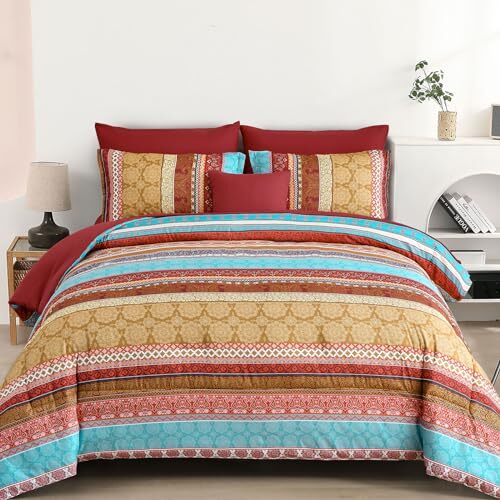 Boho Comforter Set 8 Pieces Bohemian Striped Bed in a Bag, Paisley Queen Red