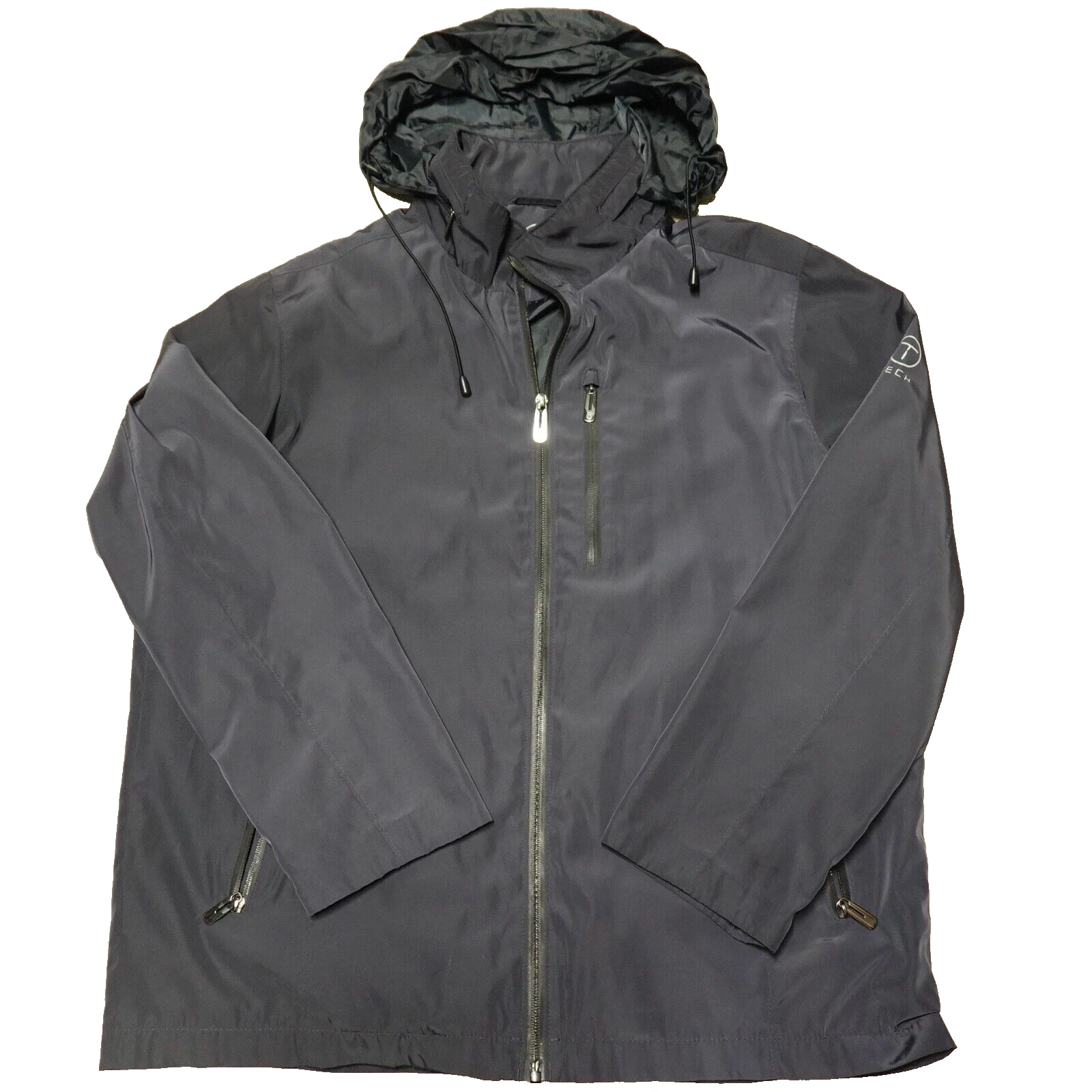 TUMI Tech Essential Packable Rain Jacket Coat Full Zip Gray Hooded Size Large