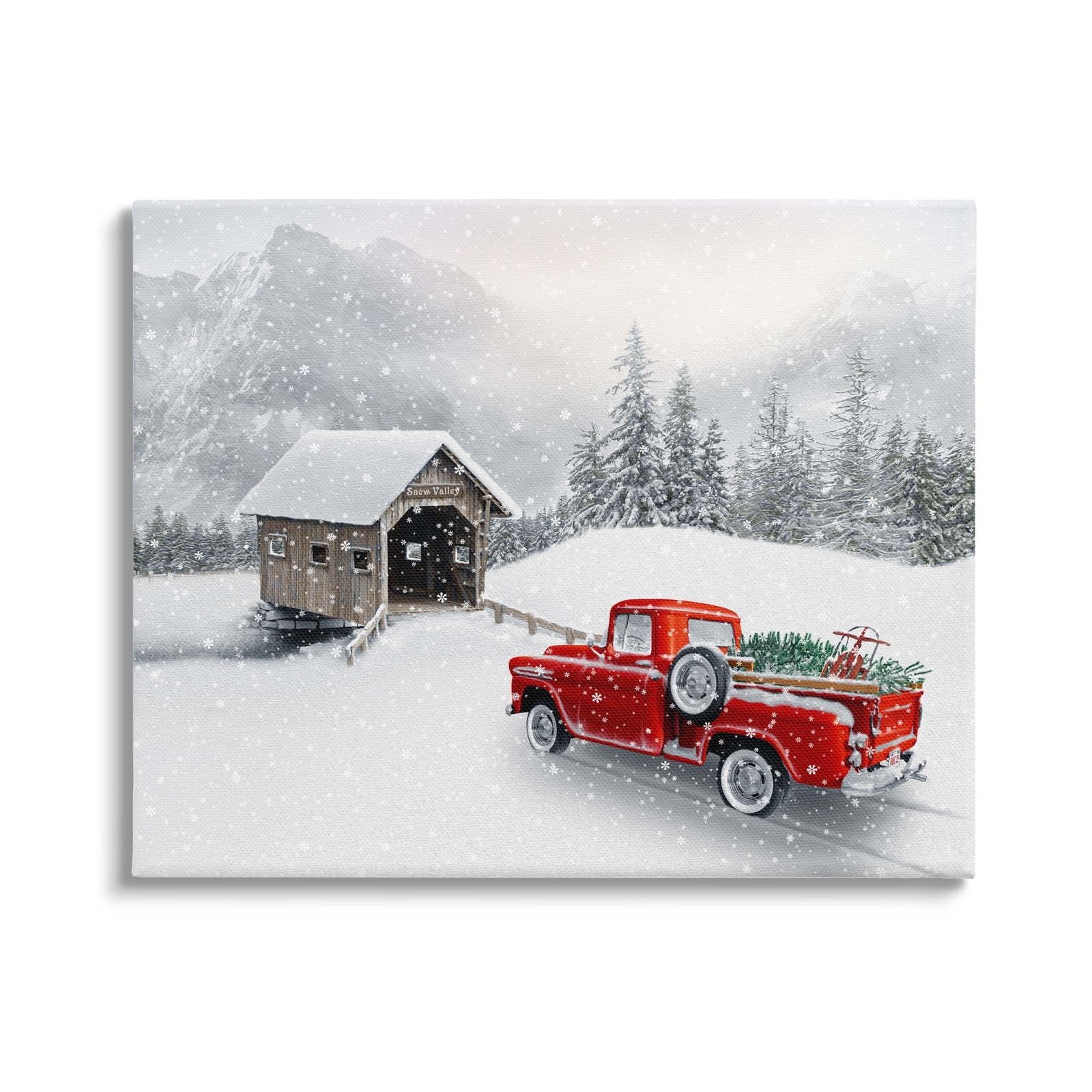Stupell Relaxing Snowcapped Mountain Scenery Vintage Red