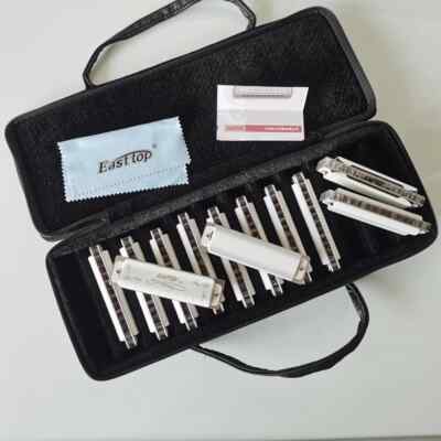 EASTTOP 10hole Harmonica Set T008L-12 Set Mouth Organ in One Case White Covers