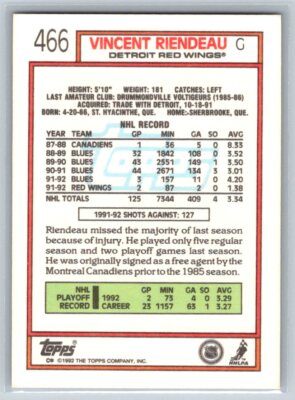 1992-93 Topps #466 Vincent Riendeau Detroit Red Wings Hockey Card