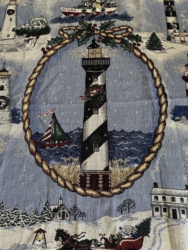 Nautical Christmas Tapestry Throw Blanket Santa Lighthouse Coastal - Picture 2 of 5