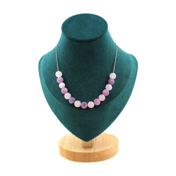 Halskette 15 Perlen Glimmer Violett Matt + Rosenquarz 8 Mm Kette Stahl Fe-image