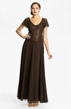 J Kara Embellished V-Neck Bodice Chiffon Gown Dress Sz 14 Brown