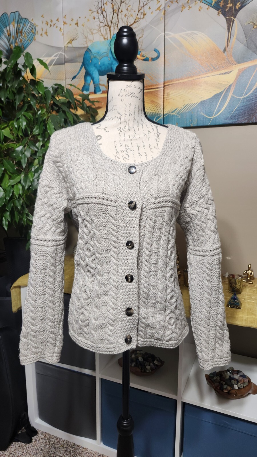Inis Crafts Women's Sz XL Cable Knit Cardigan Sweater 100% Wool Made in Ireland