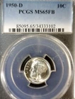1950d PCGS MS65 FB Roosevelt SILVER Dime Coin NICE FLASHY GEM BU FULL BANDS  NR
