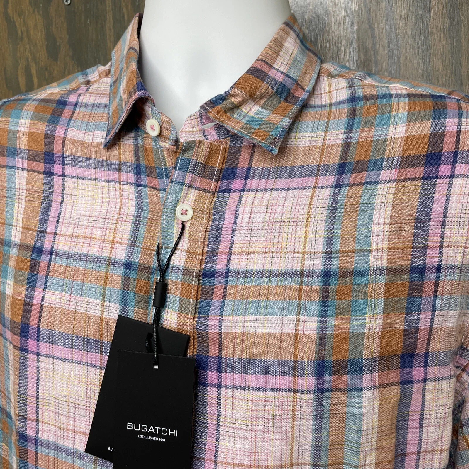 Bugatchi Shaped Fit 100% Fine Linen Shirt Men's S,M or 2XL Plaid Pink NWT $179