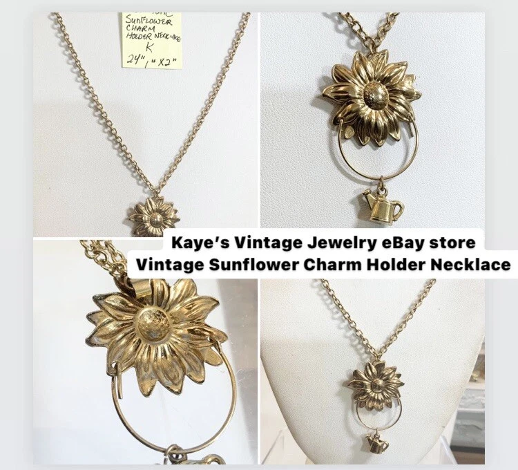 Vintage Gold Tone Sunflower Charm Holder Necklace 24” 1” x 2” Pendant