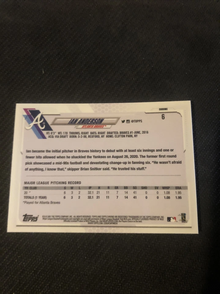 2021 Topps Chrome IAN ANDERSON ROOKIE #6 ATLANTA - Image 2 of 2