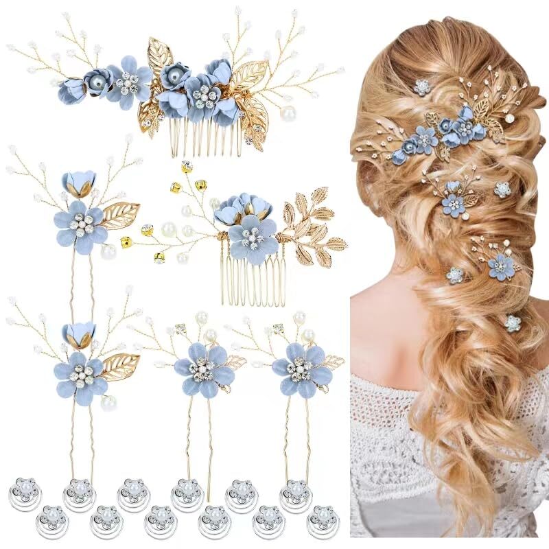 18-Piece Light Blue Pearl Rhinestone Flower Hair Set for Bridal Wedding Prom