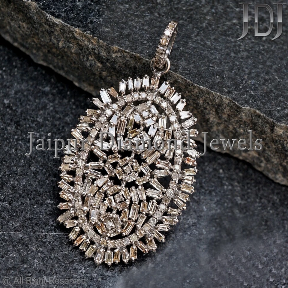 Colgante hecho a mano joyería victoriana de plata de ley 925 con diamantes baguette naturales Foto 3 de 4