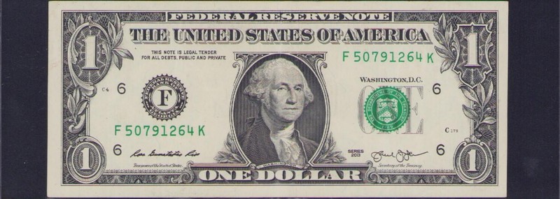 Fancy US Federal Reserve $1 Dollar Bill Serial Number F 50791264 K Cool 2013