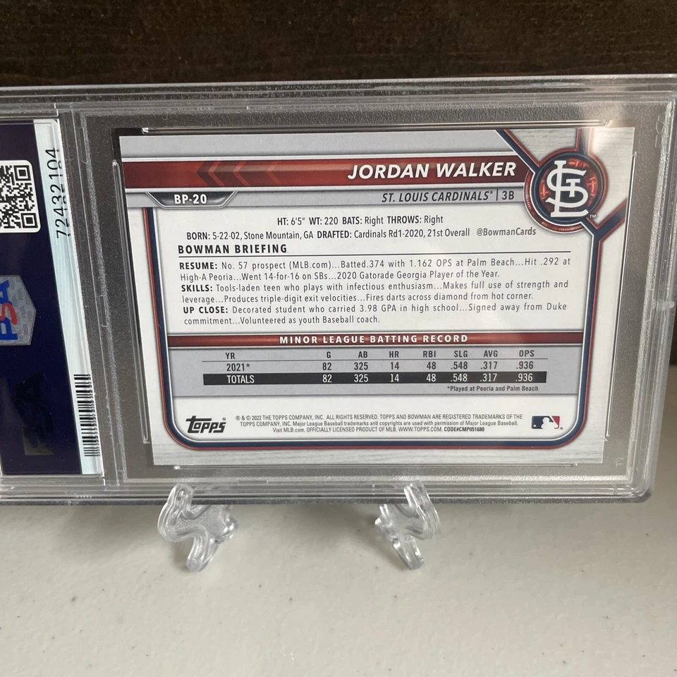 2022 Bowman Jordan Walker Prospect /199 Purple BP-20 RC psa 8 - Image 2 of 3