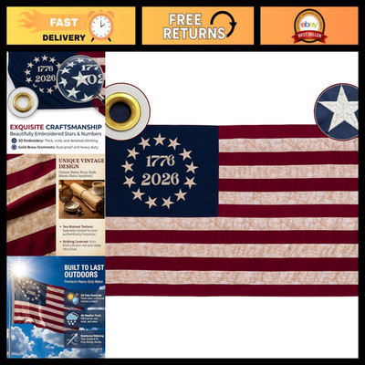 Vintage 250th Anniversary USA Flag 3x5 ft, Embroidered 13 Colonies, Heavy Duty O