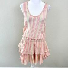LoveShackFancy Womens Striped Ruffle Racer Tiered Cotton Mini Dress Pink Size S