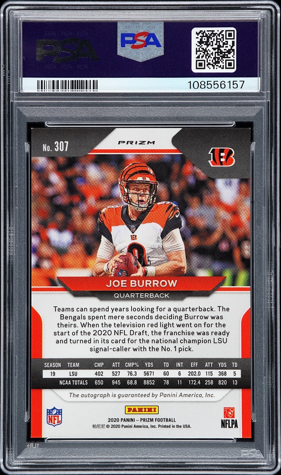 2020 Panini Prizm Joe Burrow Gold Vinyl Auto /5 PSA 8 view 2