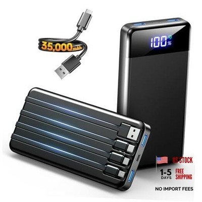 Portable Charger 35000mAh Power Bank - Powerbank with 4 Built in Cables, Sooty