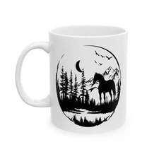 Moonlit Wilderness: Equine Horse Silhouette, Mountain Forest Landscape Mug