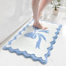 Bow Bath Mat Blue White Bathroom Rug Non Slip Microfiber Scallop 18x25 Inch