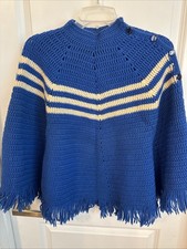 Vintage Retro Handmade Crochet Blue Cream Poncho Cape Shawl One Size