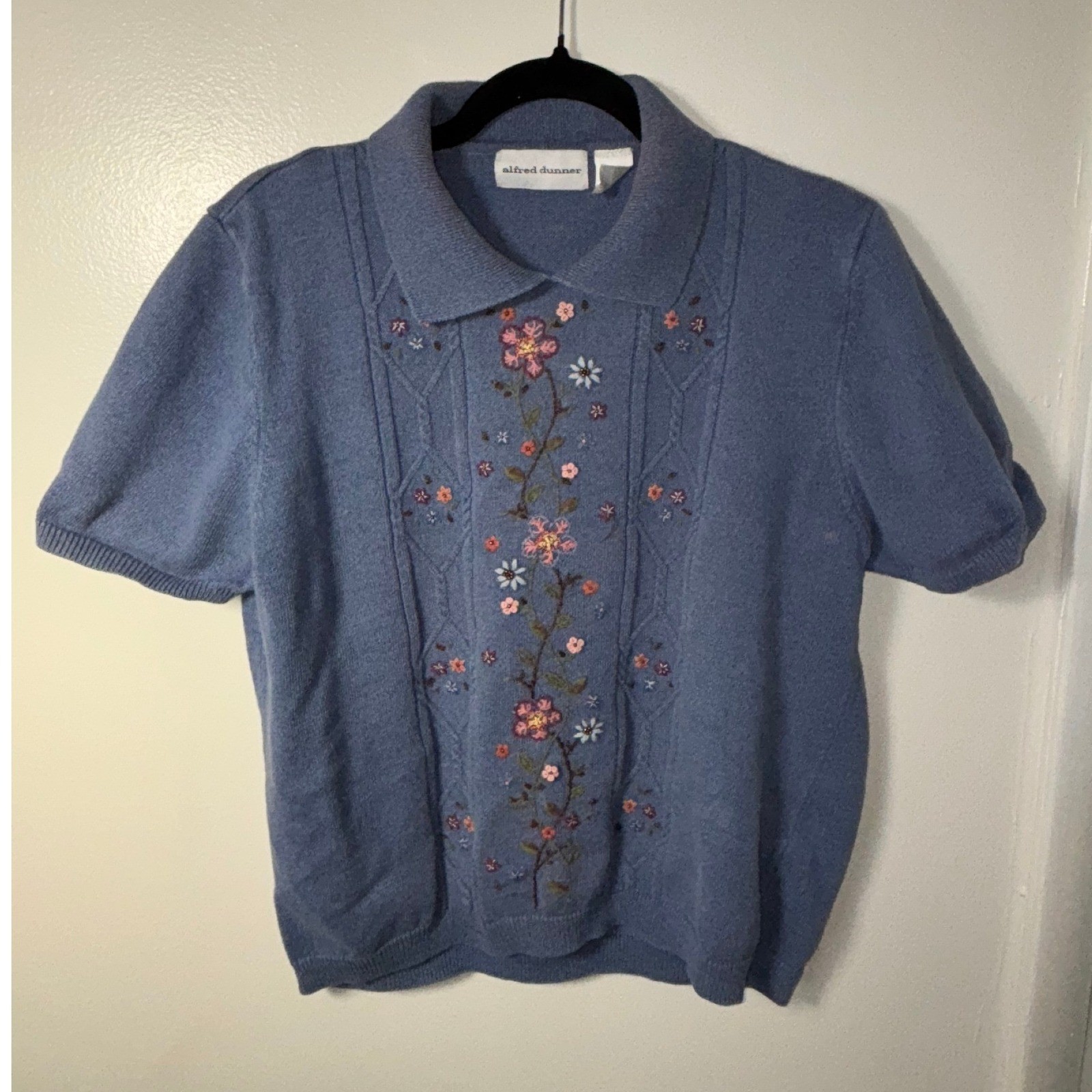 Vintage Cottagecore Embroidered Knit Polo Shirt Sz L Blue Floral Top Cotton
