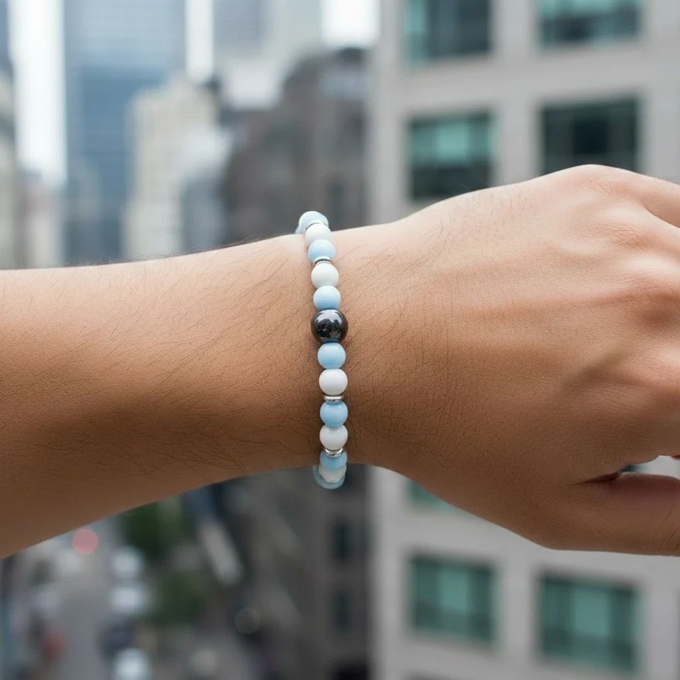 Bracciale SS LAZIO Bianco e Celeste Ematite Perle 6mm da Uomo Donna braccialetto - Immagine 3 di 4