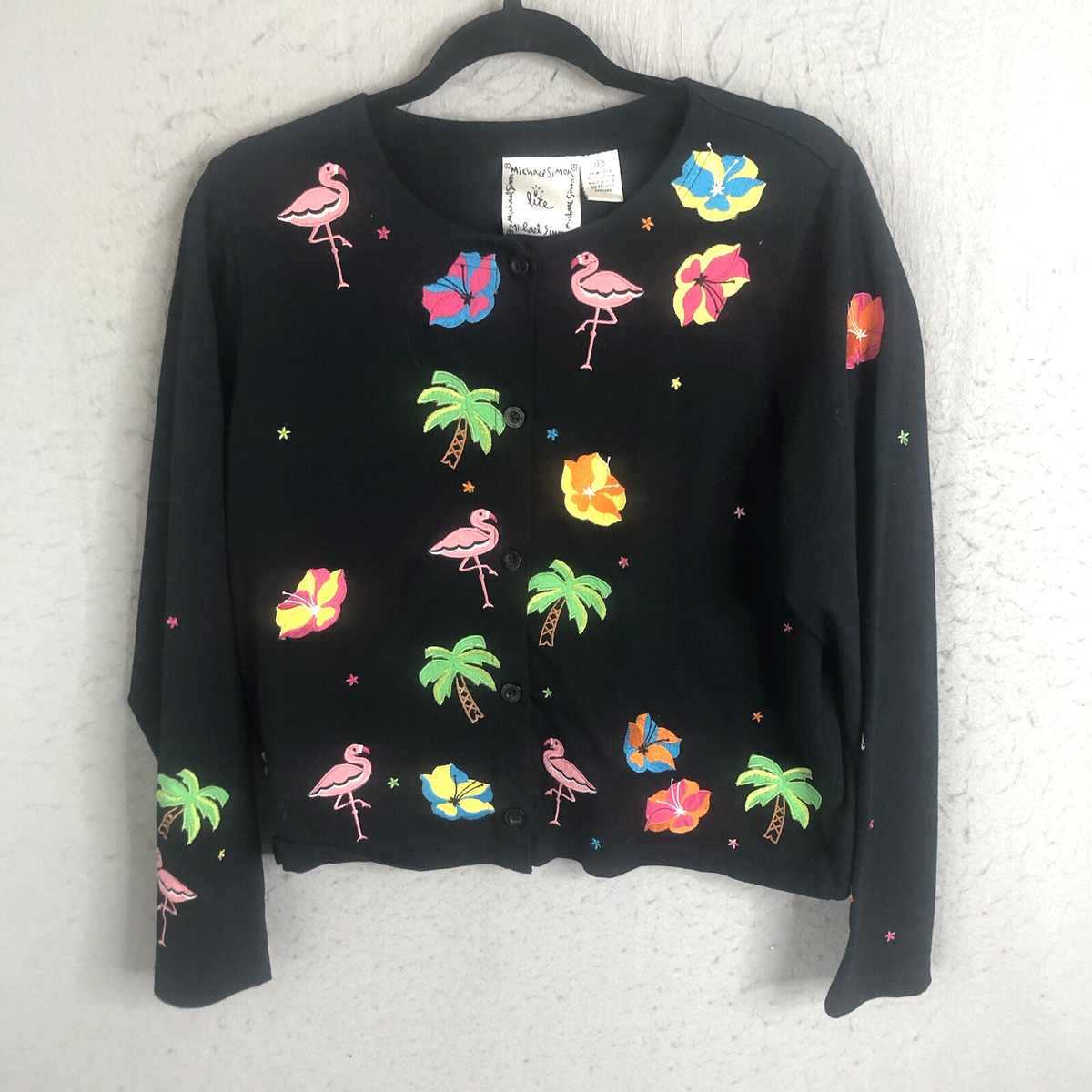 Michael Simon Sweater Womens L Flamingo Palm Tropical Floral