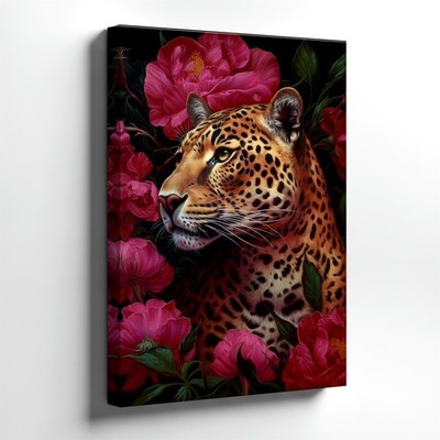 Canvas Portrait Leopard With Pink Red Flowers Floral Animal Gallery Home Print