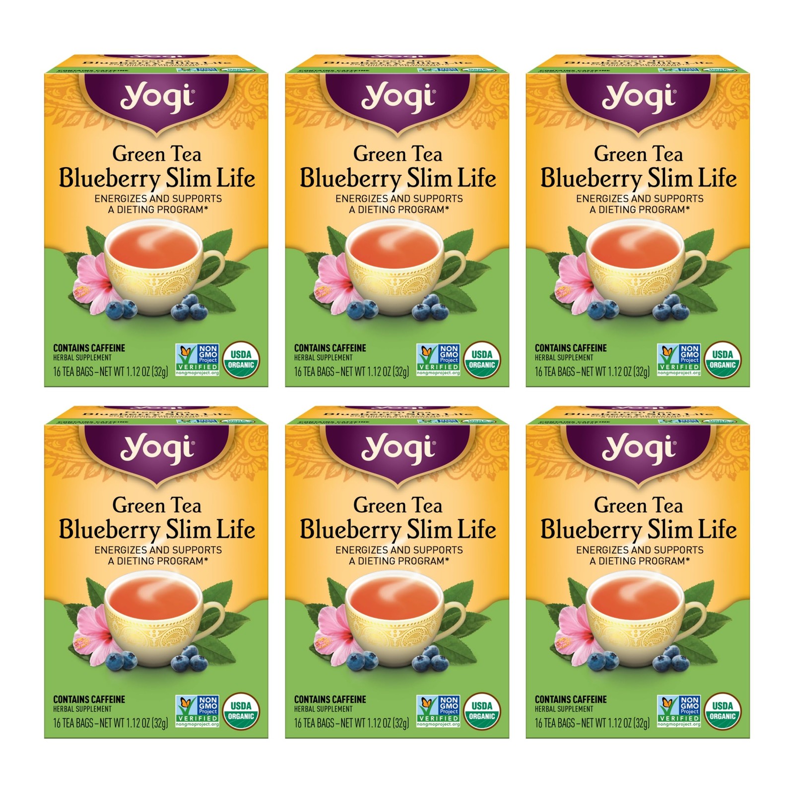Green Tea Blueberry Slim Life Tea - 16 Tea Bags Per Pack 6 P