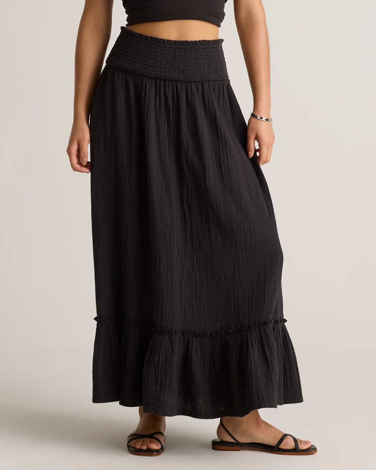 NWT Quince 100% Organic Cotton Gauze Maxi Skirt Black XL Smocked Waist