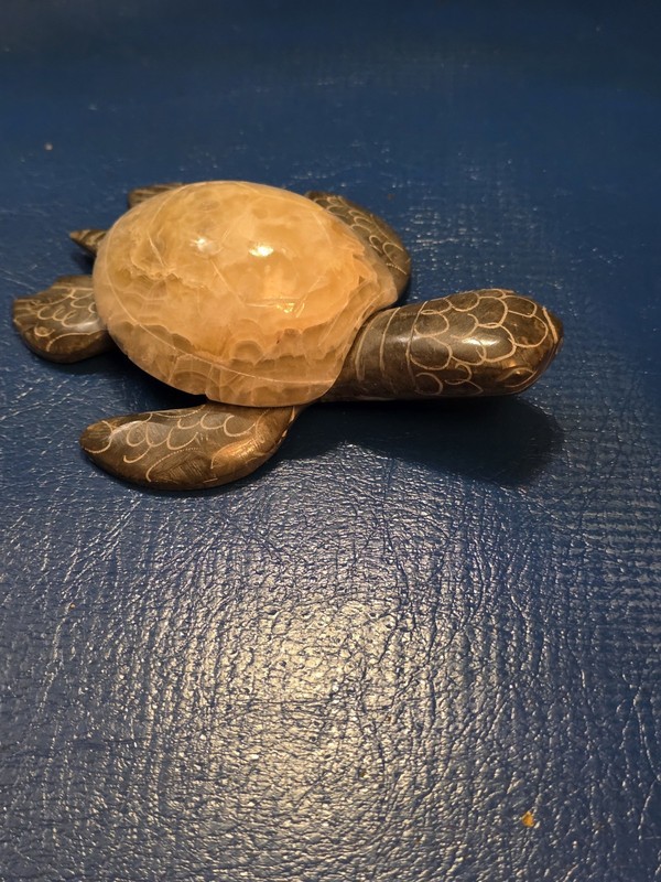 Carved Stone Turtle Figurine Calcite Shell Onyx Body Handcrafted Decor